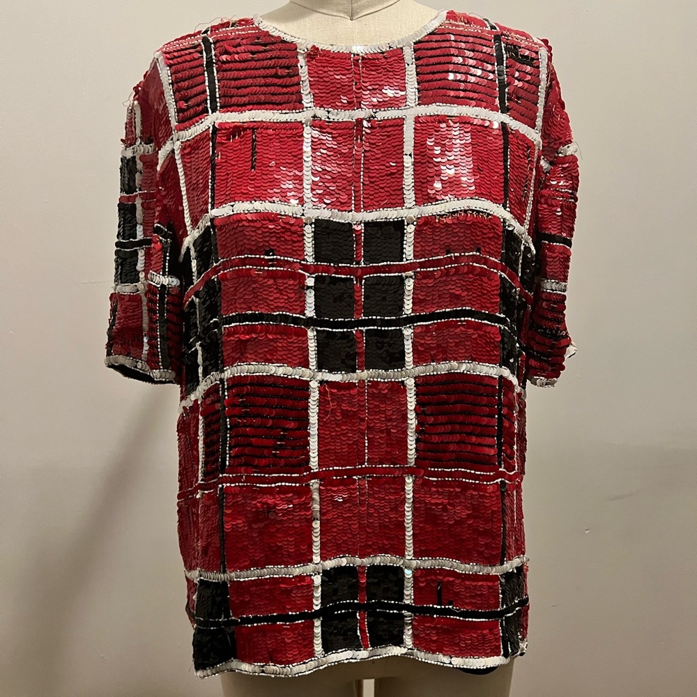 Vintage Black, White, & Red Sequin Silk Lined Top